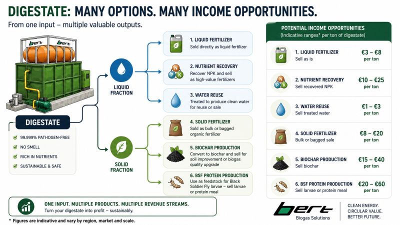 Infographic: digestate from a Bert plant is pathogen-free, low in odour and rich in nutrients. The liquid fraction can be sold as liquid fertiliser, used for nutrient recovery (NPK) or treated for water reuse; the solid fraction can be sold as solid fertiliser, converted to biochar or used as feedstock for black soldier fly protein production. Each option offers indicative income per tonne of digestate.